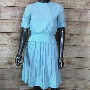 60’s Teal Blue Gingham/Seersucker Short Sleeve Pleated Skirt Set